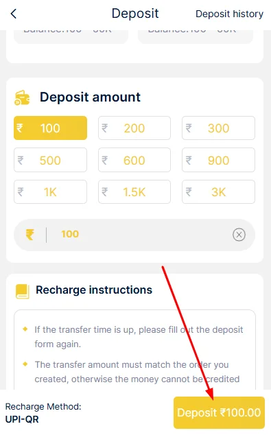 Click on deposit button